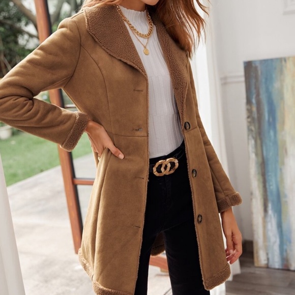 Camel Sherpa lined suede jacket coat - Picture 2 of 5